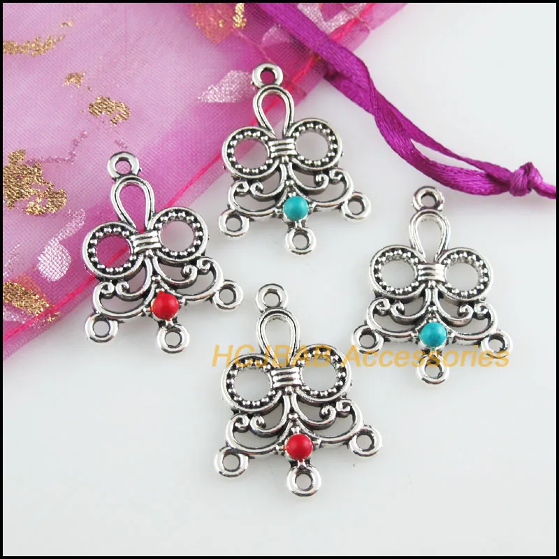 10Pcs Tibetan Silver Tone Flower Red & Blue Stone Clouds Charms Connectors 21.5x29mm