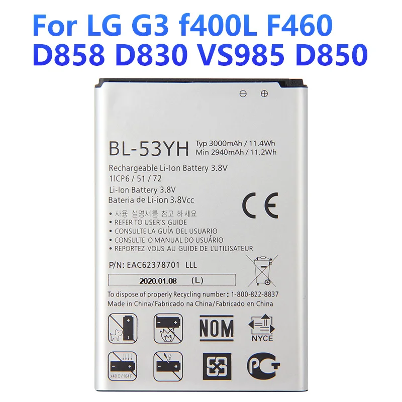 

NEW Replacement Battery BL-53YH For LG G3 f400L F460 D858 D830 VS985 D850 Phone Batteries 3000mAh