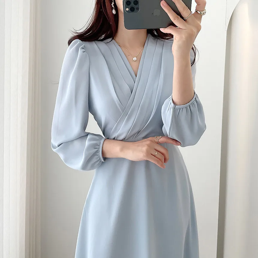 Elegant V-Neck Women Chiffon Dress 2024 New Spring Long Sleeve Tea-Length Solid Color Dresses OL Female Robe Vestido