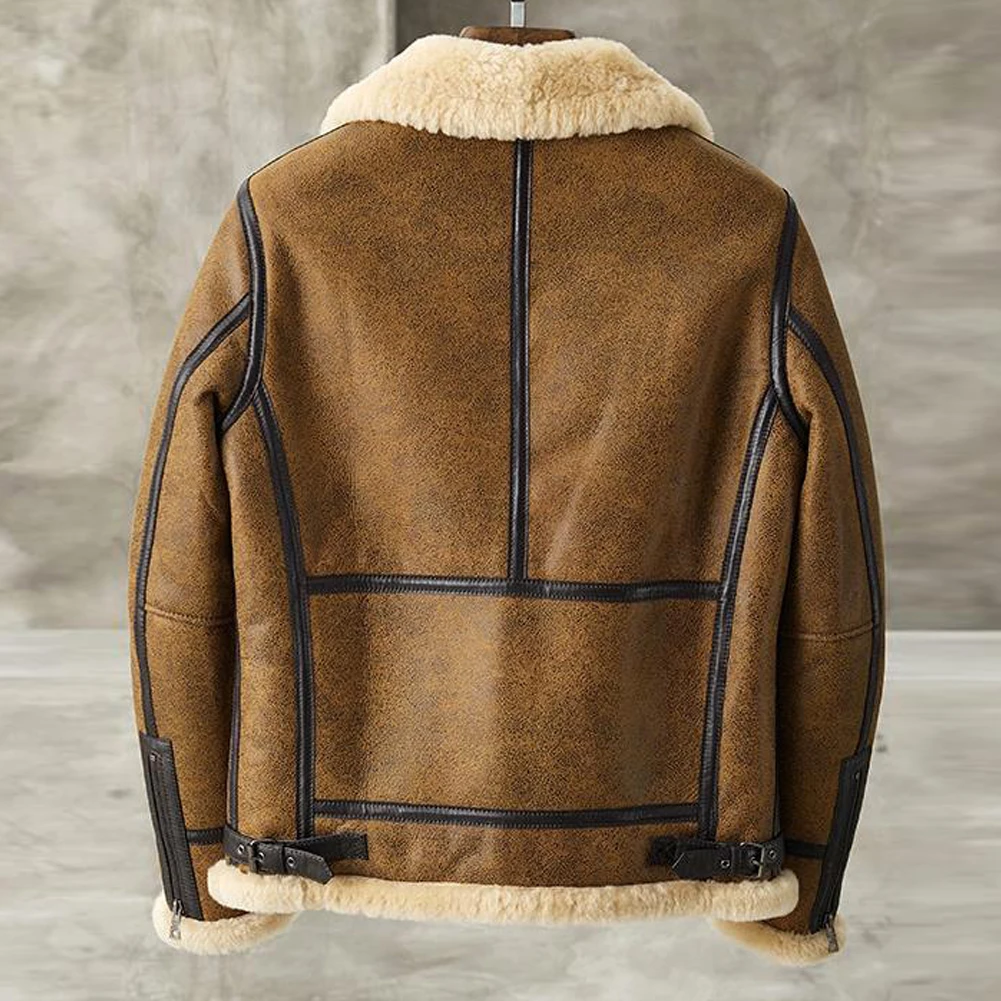 Mens Sheepskin Leather Jacket Pilots Coat Men's Fur Coat B3 Bomber Flying Jacket Vintage Brown