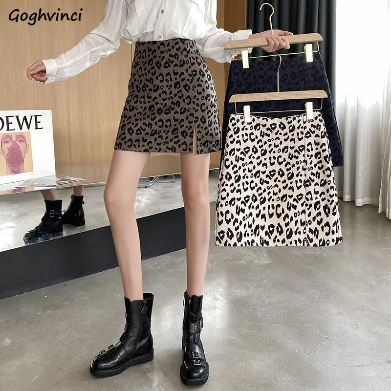 

Skirts Women A-line Side Slit Leopard Streetwear Elegant Mini Hip-skirt Slender Sexy Fashion Vintage Korean Style Femme Faldas