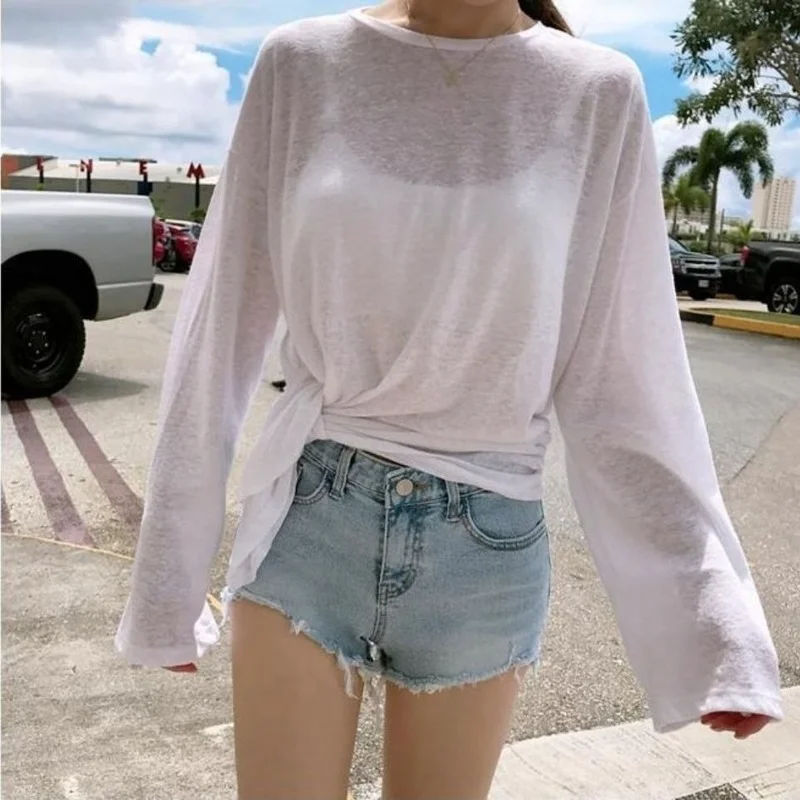 T-shirts Women Side-slit Design Summer Sheer Chic Popular Students Streetwear Pure Color Thin Sunscreen Loose Soft Ins Korean