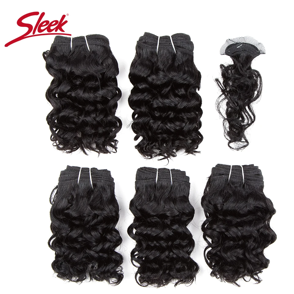 Sleek P1B/30 P4/30 Warna Alami Coklat 4 # Bundel Keriting Brasil Pendek dengan Clocure 5 Bundel Ekstensi Rambut Ditarik Ganda