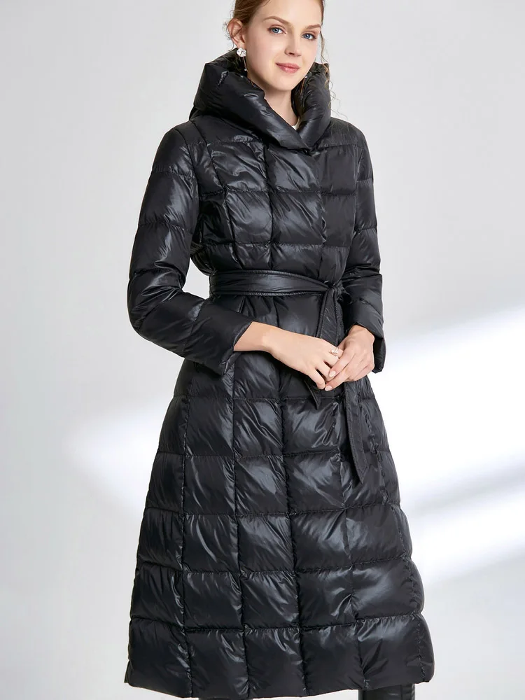 Women\'s winter long down jacket puffer jacket black navy blue hood  down coat