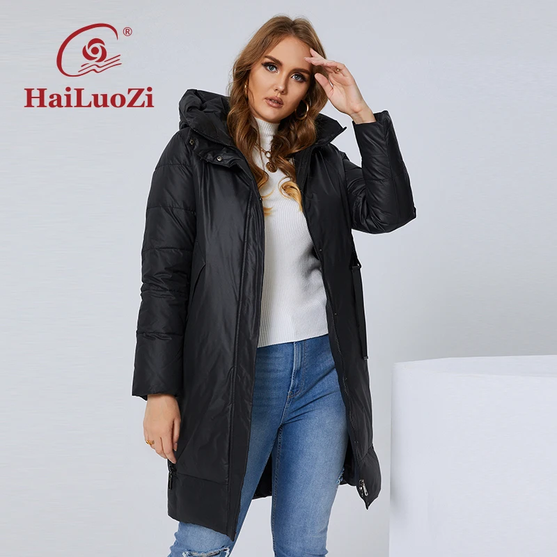 HaiLuoZi-Jaqueta longa de inverno feminina, parka casual, capuz com zíper lateral, casaco monocromático, clássico, grosso, plus size, moda feminina,