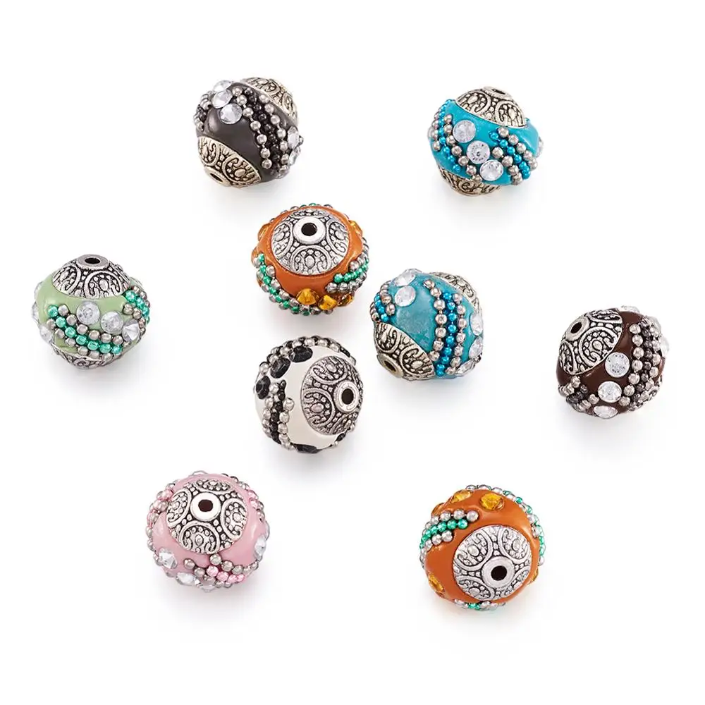 10pc 15mm Round Handmade Indonesia Beads with Rhinestones and Alloy Cores Metal Color Mixed Color for DIY Jewelry