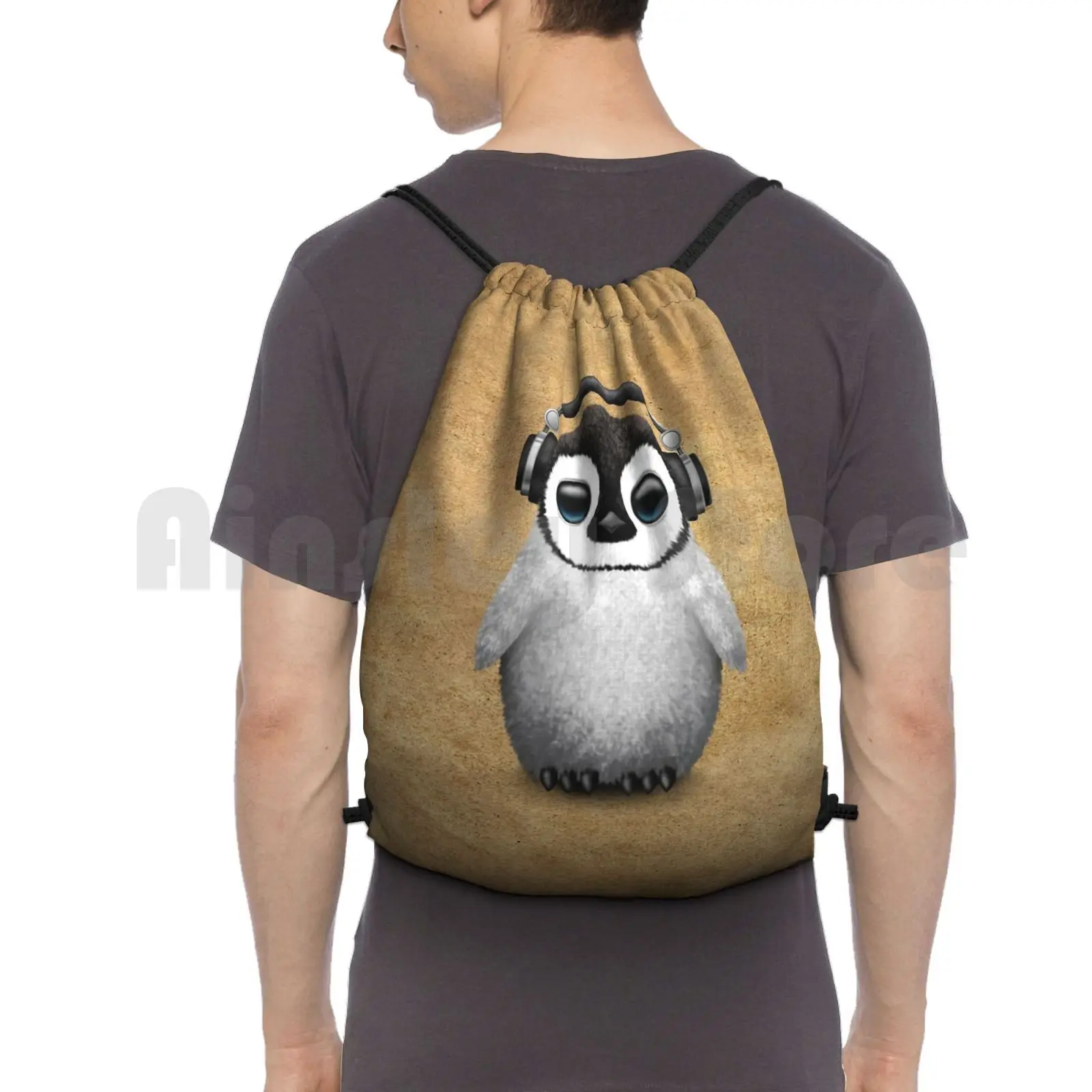 Cute Baby Penguin Dj Wearing Headphones Backpack Drawstring Bag Riding Climbing Gym Bag Penguin Baby Penguin Penguin Dj Baby