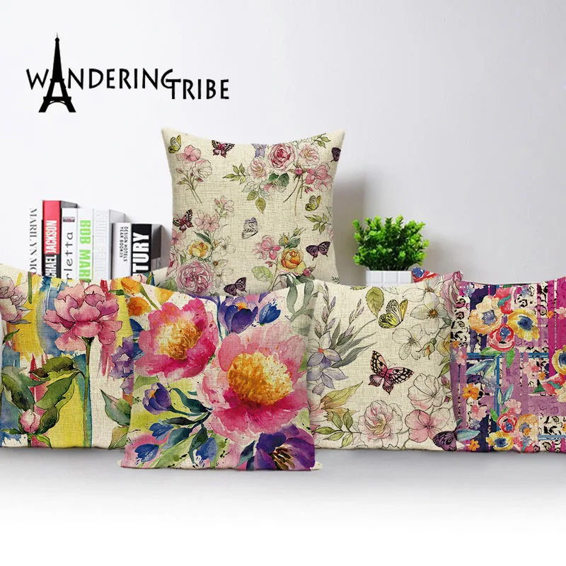 Vintage Decorative Cushion Covers Nordic Home Decor Throw Pillow Flower Floral Butterfly Pillows Shabby Polyester Pillowcase 45*