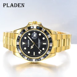 PLADEN NEW Men Watch Luxury Diamond Bezel Quartz Watches Sapphire Glass Stainless Steel Dive Male Clock golden Relogio Masculino