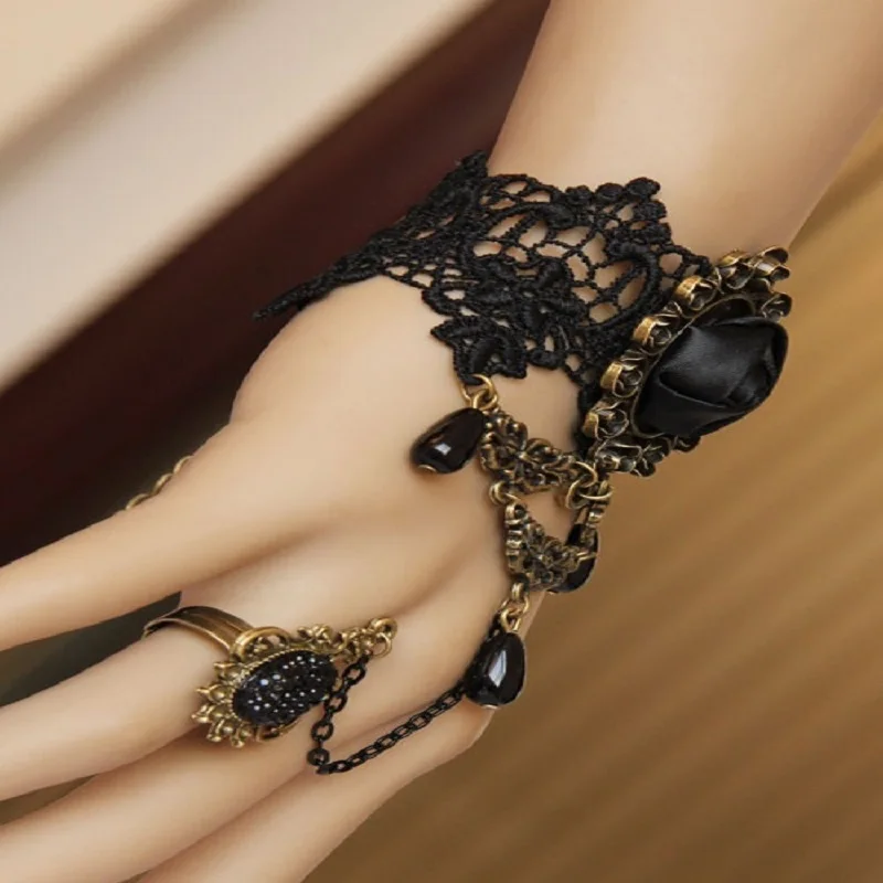 Retro Charm The Queen Fashion Victorian Dress Costume Gothic Black Rose Lace Lolita Bracelet Women Masked Ball Accessories