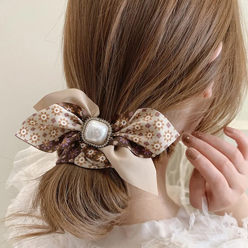 Diamond-Studded Pearl Floral Bow Bow Large Intestine Hair Ring 2021 Super Fairy Headdress Girl Sweet Heart Hair Accessories