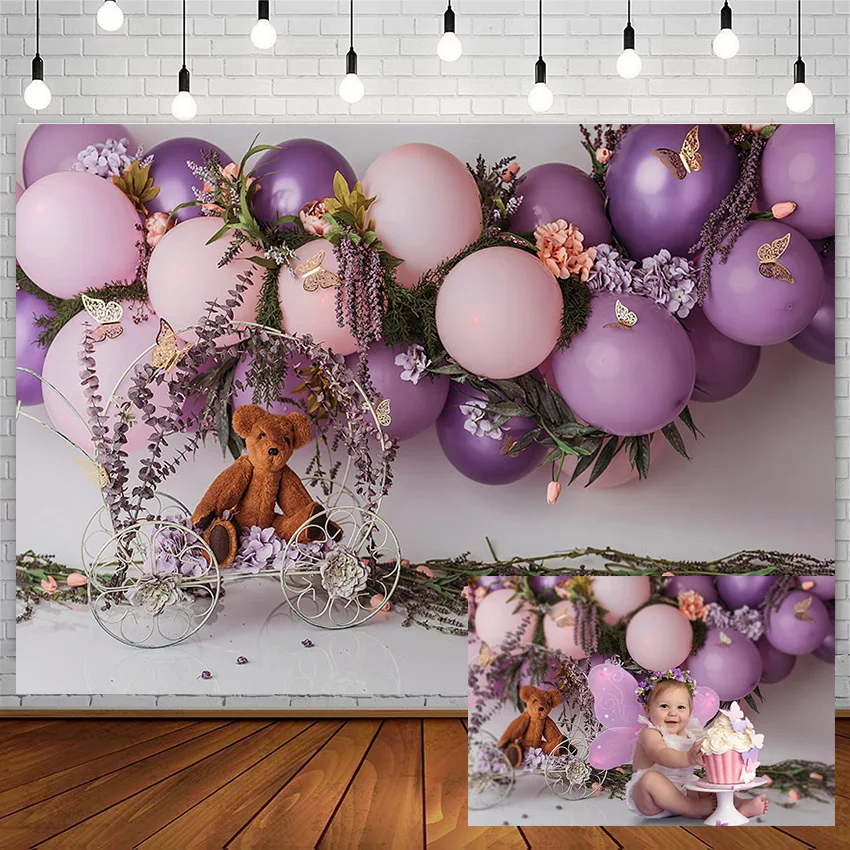 

Avezano Birthday Cake Smash Backdrop Purple Balloon Flower Butterfly Lavender Girl Background Photography Studio Photocall Decor