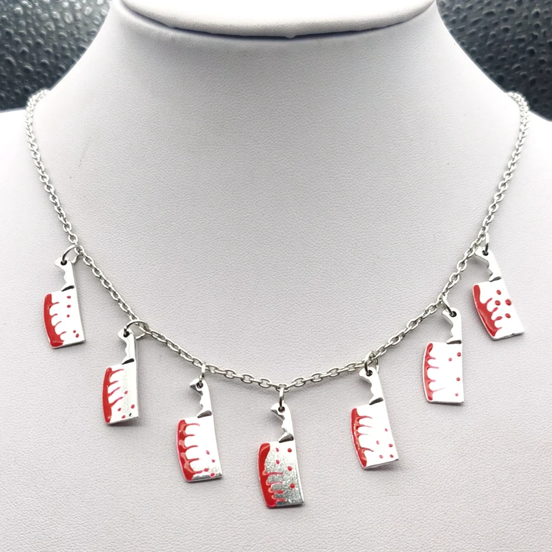 7 Kitchen Red Knives Tibetan Silver Kitchen Knife Necklace Charms Day of The Dead Necklace Gift Halloween Witch Jewelry Handmade - Detail 1