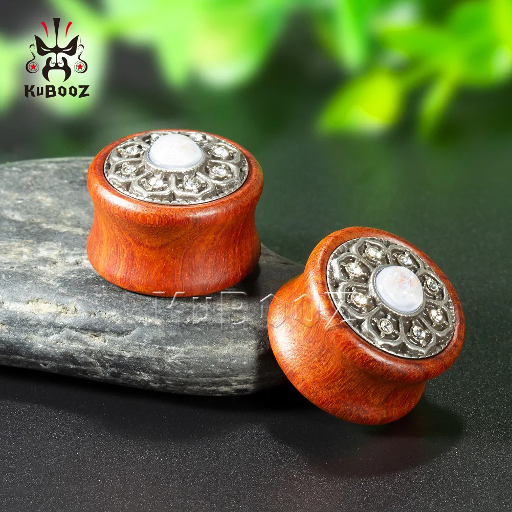 KUBOOZ Wood Ear Piercing Studs Plug Tunnel Opal Metal Gauges Stretcher Body Jewelry Expander Earring Fashion Gift Women Men 2PCS