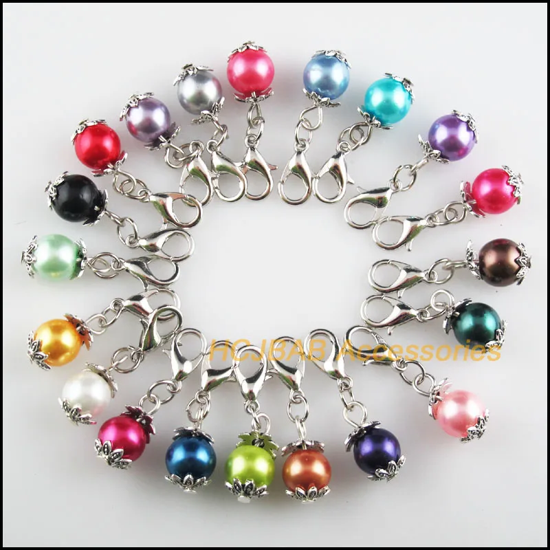 

20Pcs Tibetan Silver Tone Flower Caps Retro Mixed Ball Glass 8x15mm With Lobster Claw Clasps Charms