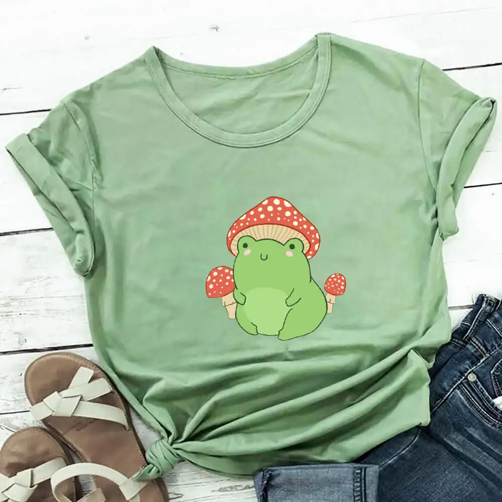 

Cartoon Frog And Mushroom Graphic Print Pure Cotton Women Tshirt Women Funny Summer Casual Short Sleeve Top Vacation Shirt