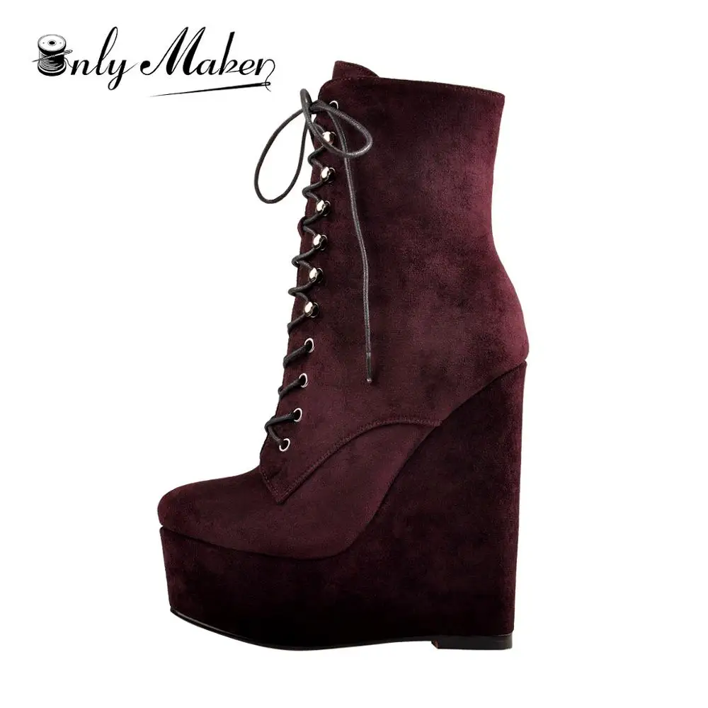 

Onlymaker Women Burgundy Round Toe Lace-up Wedge High Heels Ankle Boots Suede Winter New Big Size Booties