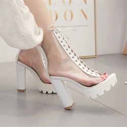 Big Size 34-42 Sexy Transparent PVC Platform Casual Boot Sandals For Women Peep Toe Thick Heels Zipper Ladies Party Shoes White