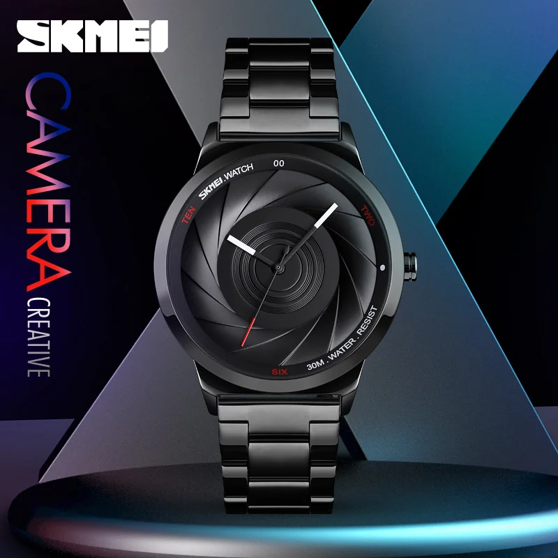 SKMEI Camera Lens Analog Watch Men Creative Dial Luxury Black Stainless Steel Waterproof Wristwatch Business Male Quartz Clock