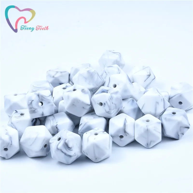 Teeny Teeth 10 PCS Marble White Round12-19 MM Loose Silicone Beads,DIY Silicone Teething Necklace Hexagon 14-17 MM Beads