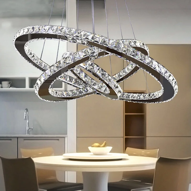 

Modern Circle Crystal LED Chandelier Lighting Restaurant Adjustable Ceiling Lamp Stainless Steel 3 Ring ChandelierCool White