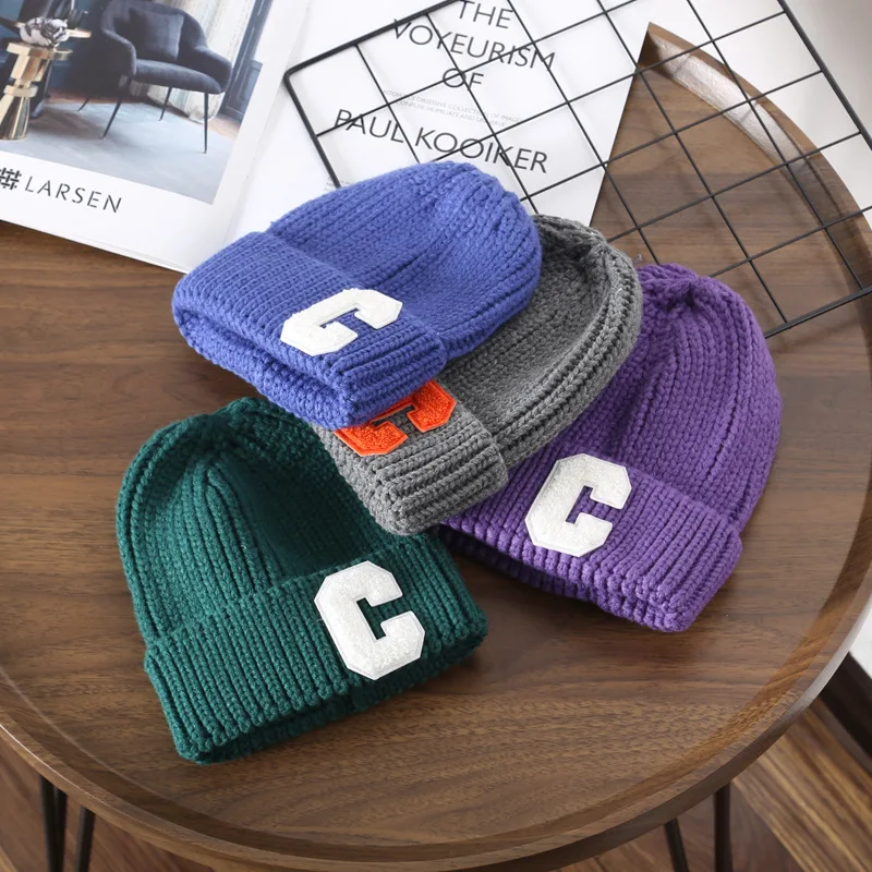 Korea Winter Knitted Skullies Beanies Winter Letter C Hat Soft Hip Hop Hat For Men Women Casual Beanies Bonnet Unisex Solid Cap