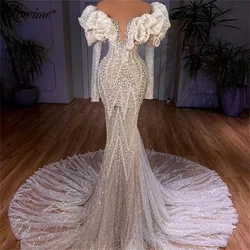 Robes Muslim Pearls Evening Dresses Long Mermaid Beads Ivory Party Gowns 2021 Plus Size Custom Made Dubai Arabic Prom Dress