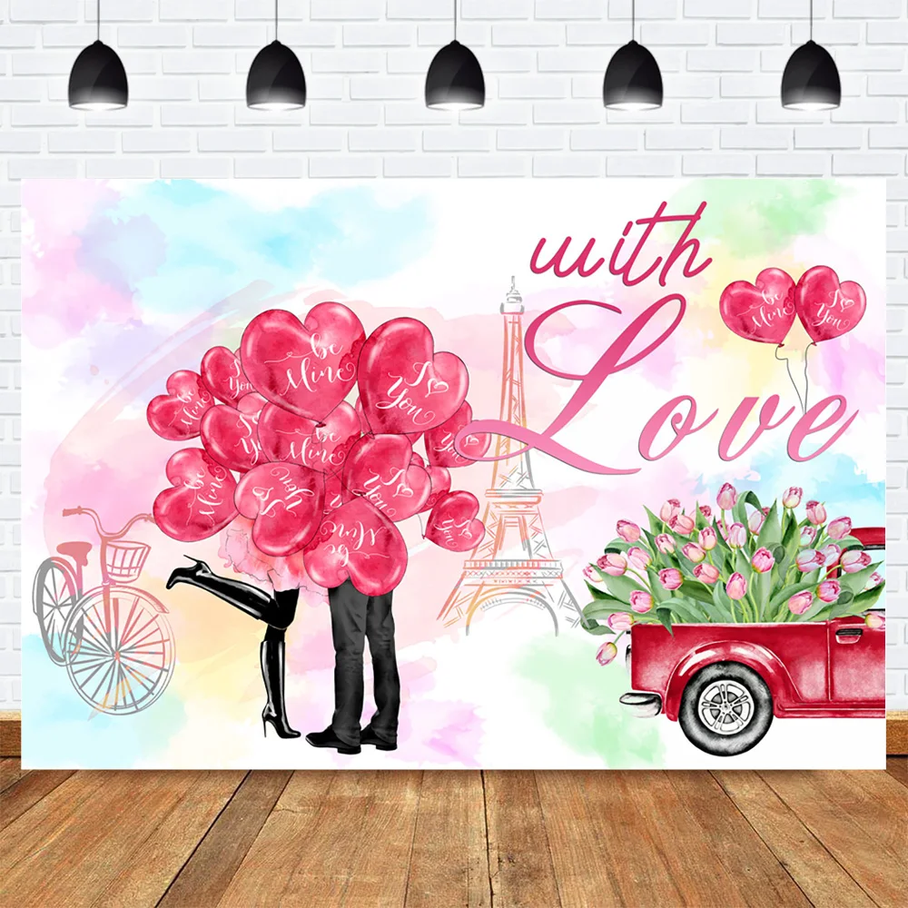 

Valentine's Day Photography Backdrop for Photo Studio Fall With Love Romantic Wedding Background Eiffel Tower Love Balloons Rose