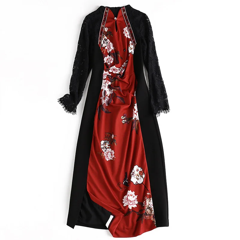 2023 autumn new women's long-sleeved lace dress stitching print slim dress step dresses