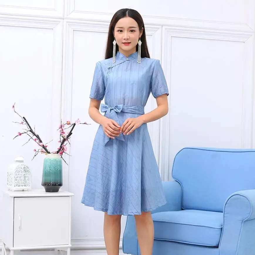 Retro elegant Ethnic clothing embroidered cheongsam Summer tang suit gown Casual stand collar short Sleeve women Party Qipao