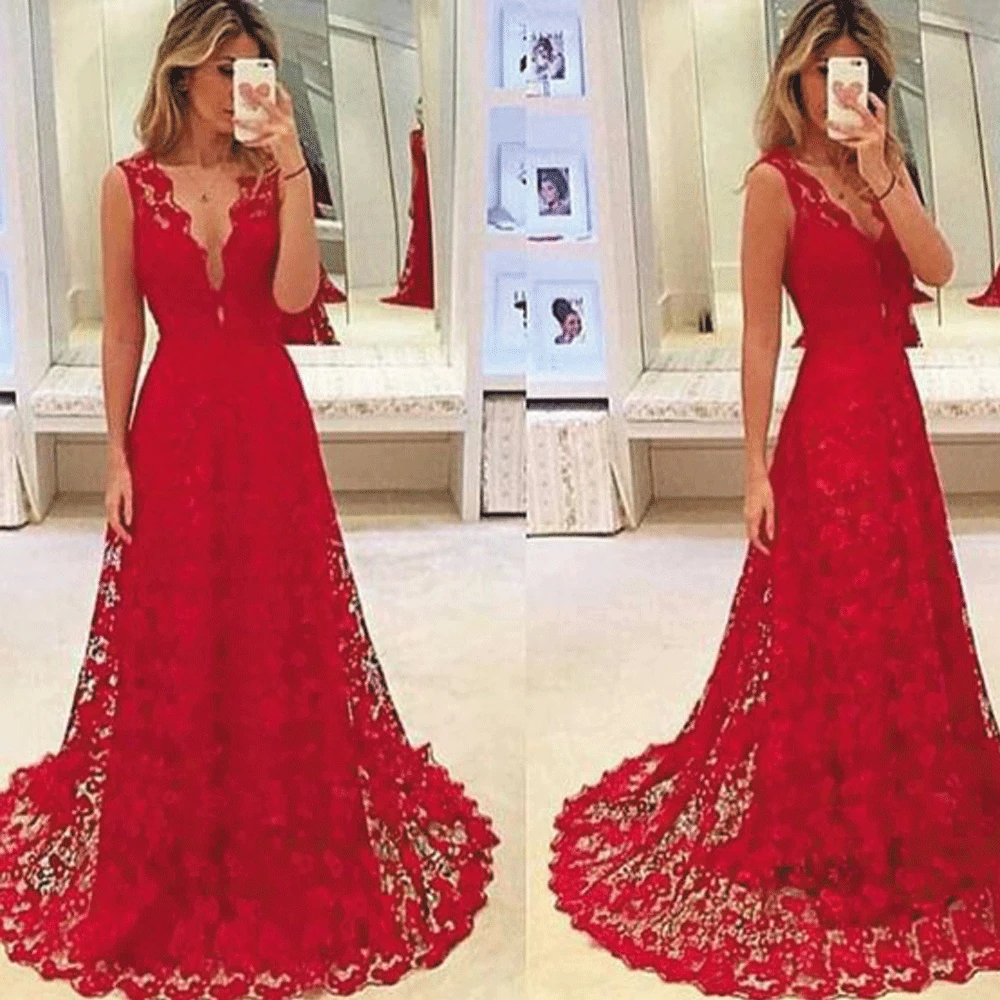 SuperKimJo Red Prom Dresses Long Lace Applique Sleeveless V Neck Elegant Prom Gown Robe De Soiree Vestido Graduacion Largo