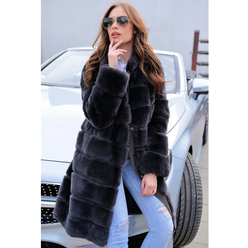 Femmes hiver mode longue Rex manteau de fourrure de lapin gris foncé naturel véritable fourrure de lapin col montant veste femme pardessus