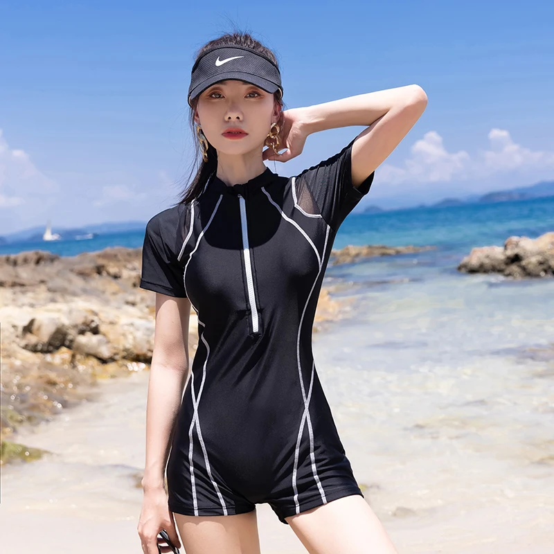 Women Rashguard Swimsuit Athletic Swimwear Zipper Swim Bodysuit Short Sleeve One Piece Bathsuit Female Diving Surfing Suit