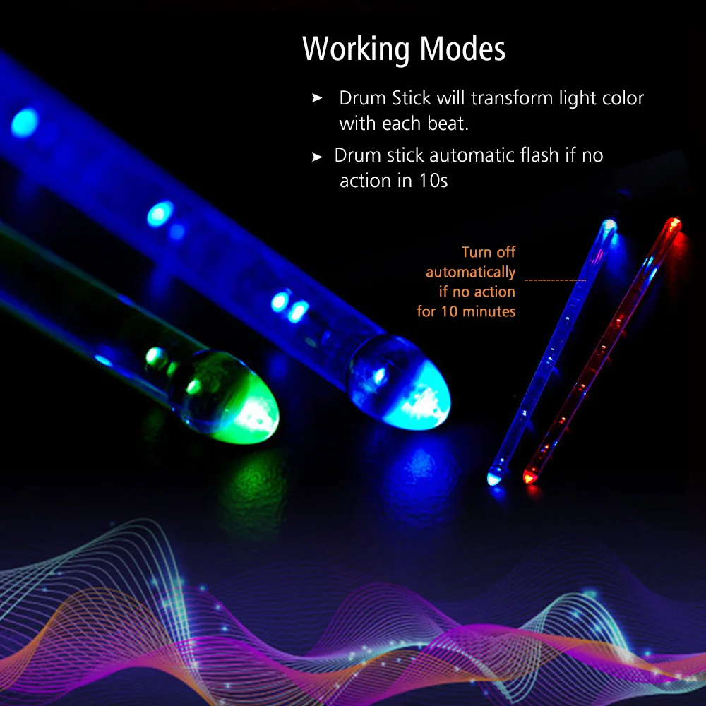 LED Light Up Drumsticks Jazz Drum Sticks 15 Gradient Colorful Lights USB Charging with ON/OFF Switch