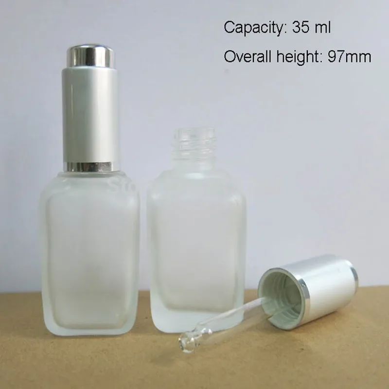 20pcs/lot 35ml Square Frosted  Clear Glass Essential Oil Bottle With Sliver Press Pump Dropper e Liquid Vial