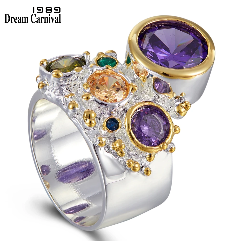 DreamCarnival 1989 New Arrive Colorful Feminine Zircon Ring for Women Big Purple Stone Gothic Wedding Engagement Jewelry WA11704