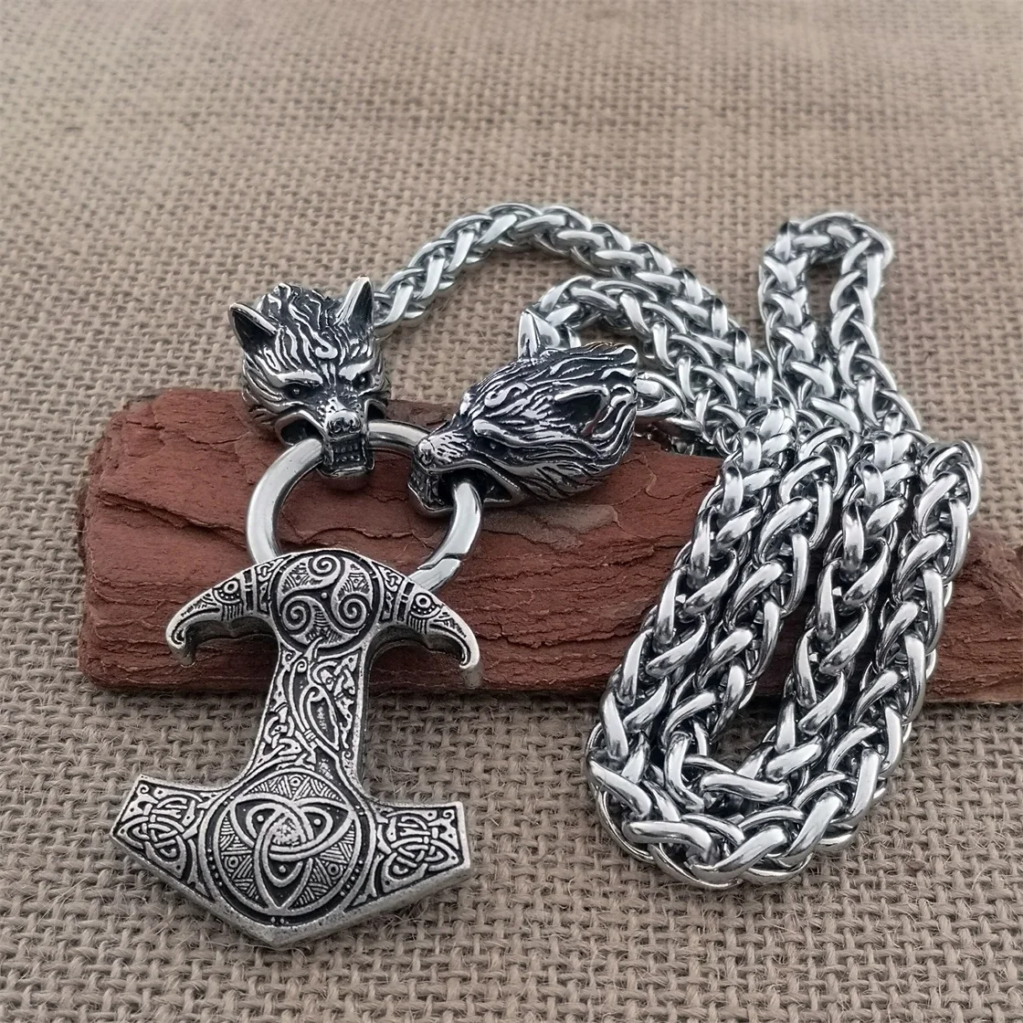 

Nordic Viking Thor hammer pendant necklace stainless steel wolf head chain domineering men necklace jewelry