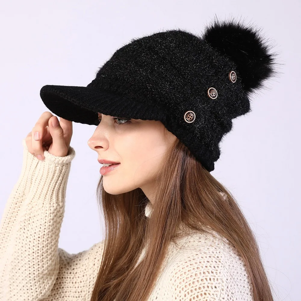 Autumn And Winter Female Warm Hat Beanies Cap With Visor Women Skullies Acrylic Button Hairball Plus Velvet Warm Soft Knitting