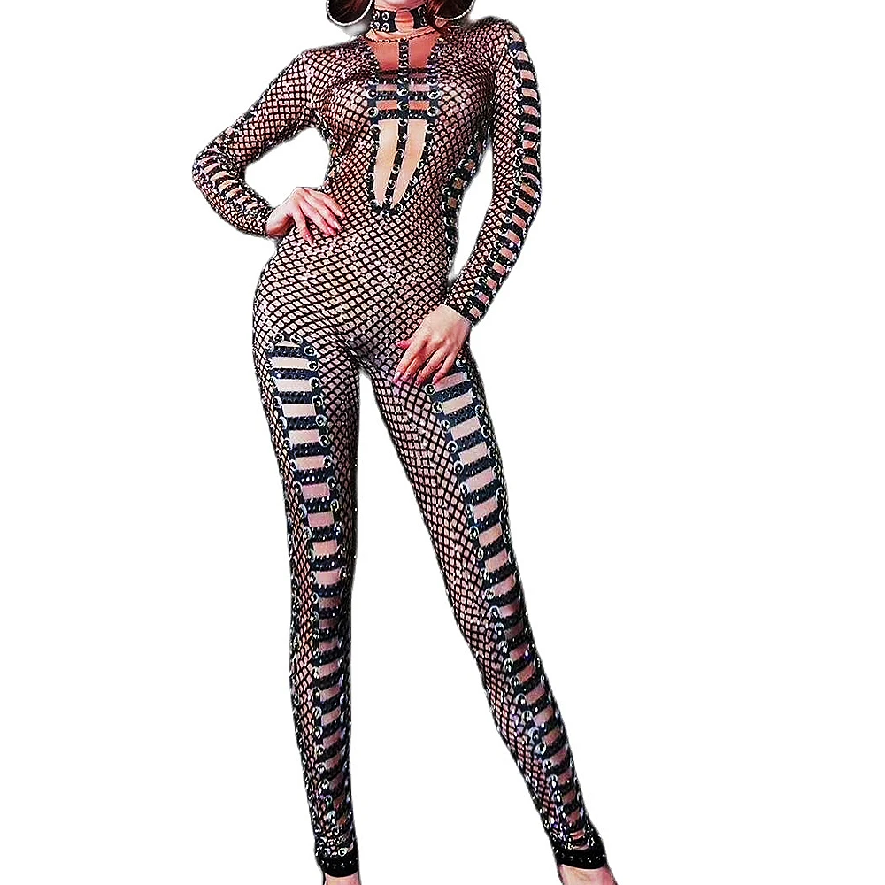 

Black Plaid Mesh Gauze Women Jumpsuit Sparkling Sequins Rhinestones Backless Bodycon Club Stage Performance Costume Dance Wear