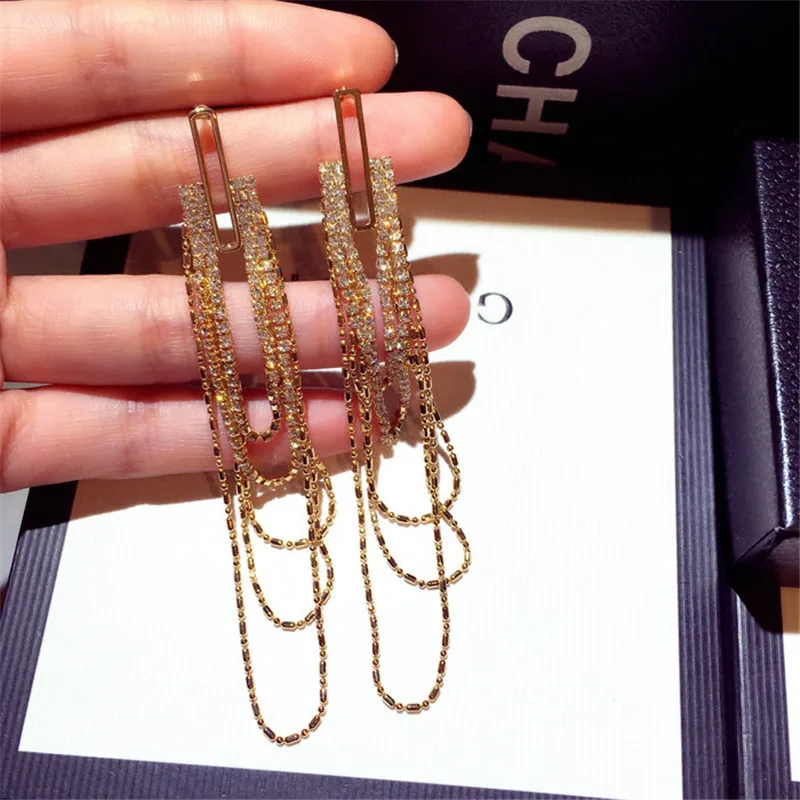 

2020 New Long Crystal Tassel Gold Color Dangle Earrings for Women Wedding Drop Earing Fashion Jewelry Gifts