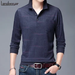 2023 New Fashion Designer Brand Turn Down Collar Man Polo Shirt Men Casual Plaid Spandex Long Sleeve Tops Fall Men Clothing