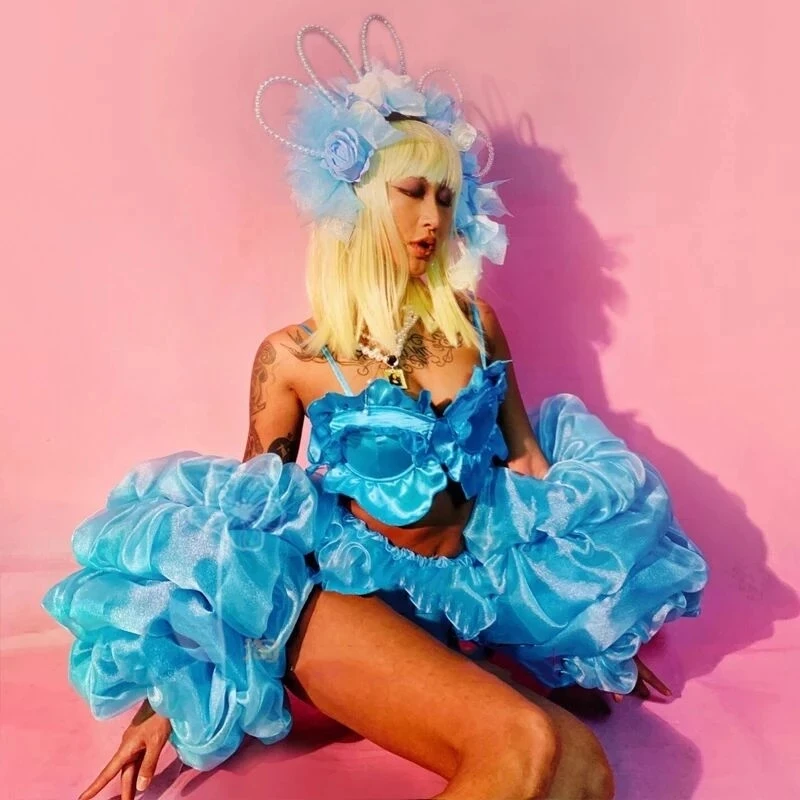 

Nightclub singer gogo Valentine's Day Bar Party Show Performance Costume Pink Blue Flower Bikini Outfit