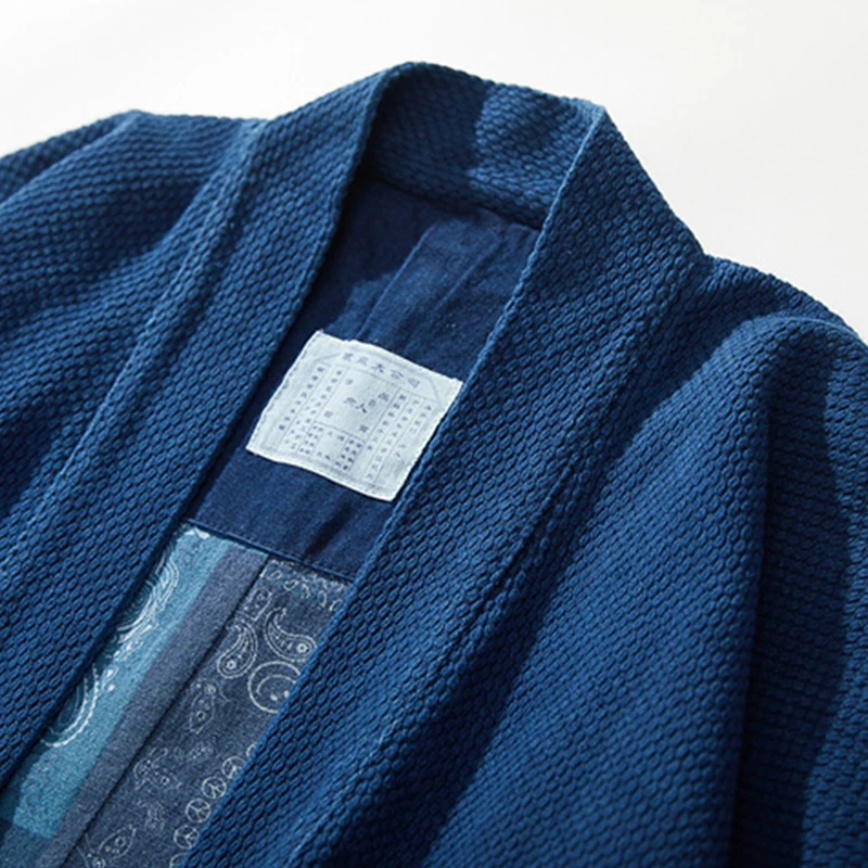 BADBOWL Japanese Retro Indigo Plant Kimono Blue Dyeing Road Robe Heavy Kendo Fabric Half Sleeve Jacket Men Casual Cardigan Coat