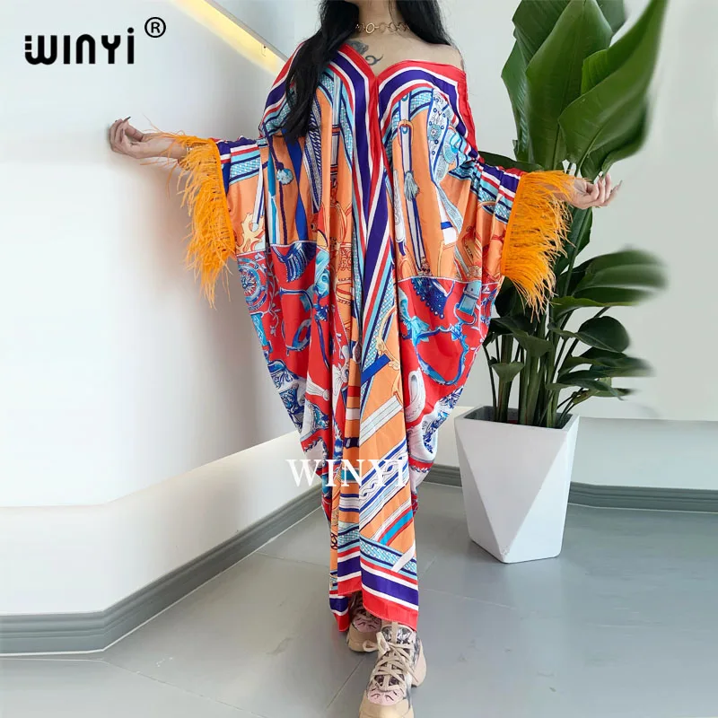 WINYI sukienka Dresses For Women Dashiki Snake Clothes Bazin Broder Riche Sexy Feather Sleeve Robe Evening Long Dress