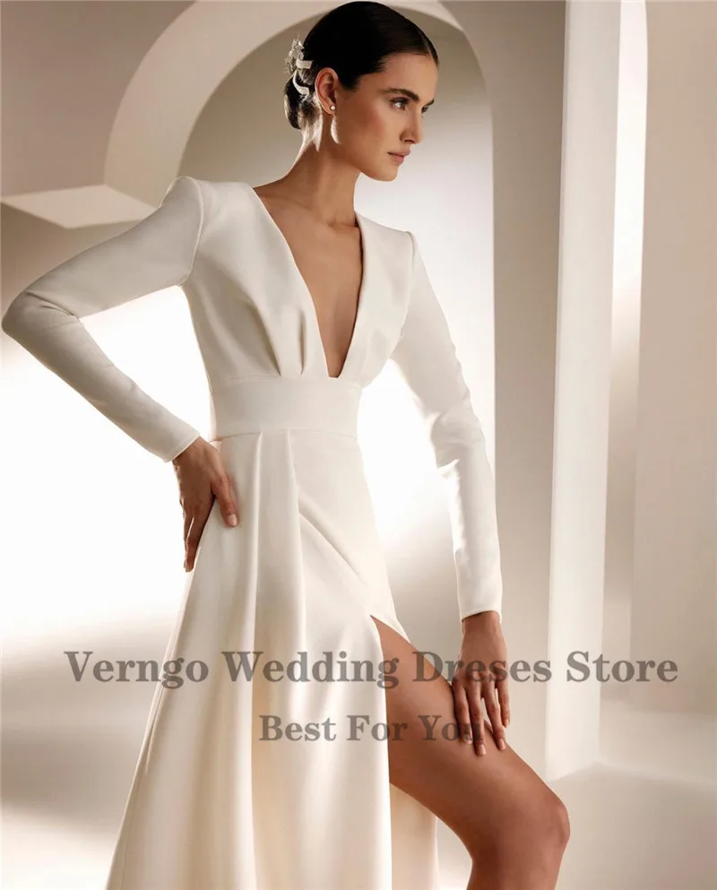 Verngo Simple Ivory Soft Satin A Line Wedding Party Dresses Long Sleeves V Neck High Side Slit 2021Women Formal Gowns Outfit