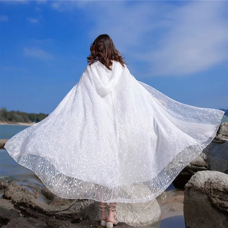 

Embroidered Cloak For Women Pretty White Shawl Hooded Sun Protection Clothing Loose Lace Long Cardigan Cape Outer Wear y1391