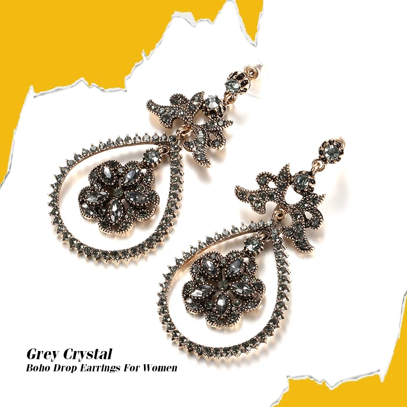 Kinel Luxury Gray Crystal Flower Bridal Earrings For Women Antique Gold Beach Party Water Drop Drop Earrings Vintage Jewelry