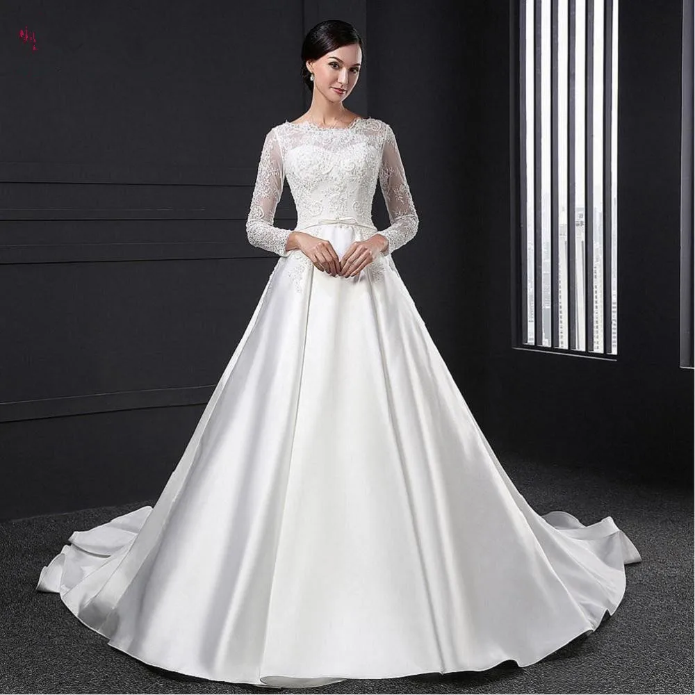 

SL028 White vestido de noiva lace Bridal Gown Beading Full sleeves Princess Wedding Dress 2016