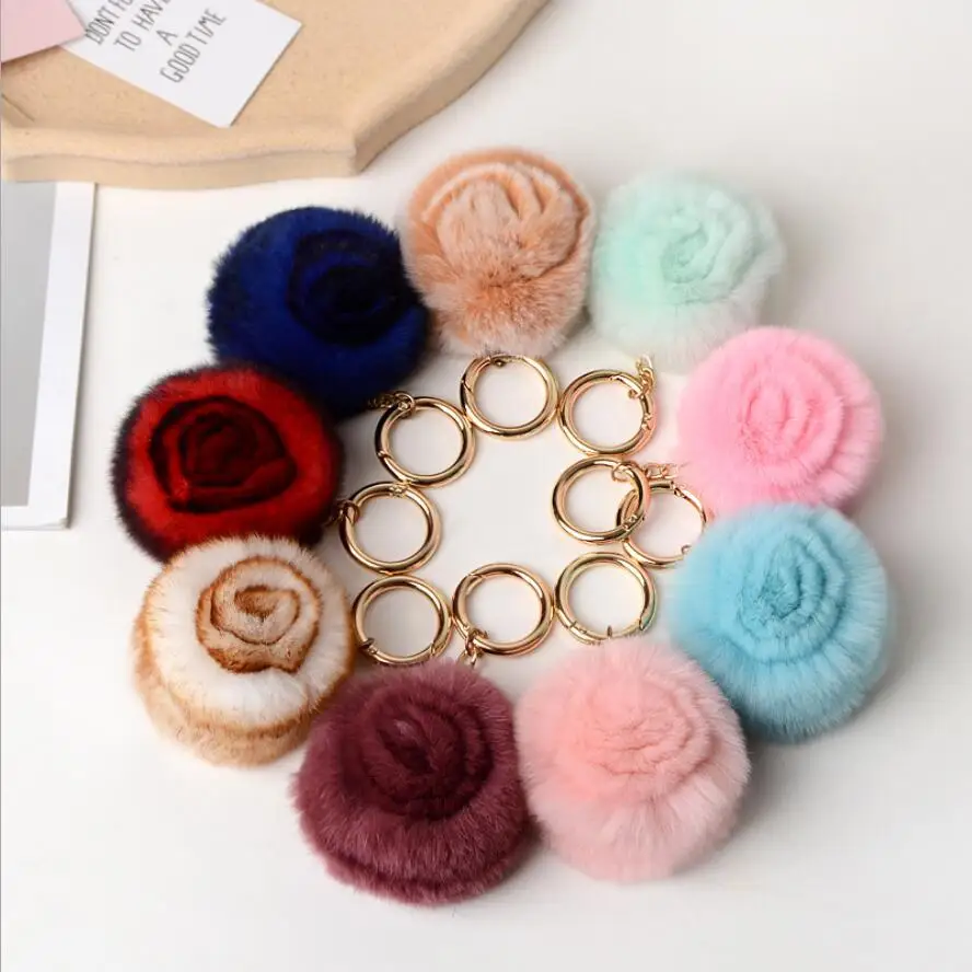 

Real Rex Rabbit Fur Keychain Rose Flower Key Ring Cute Fashion Bag Pendant For Women
