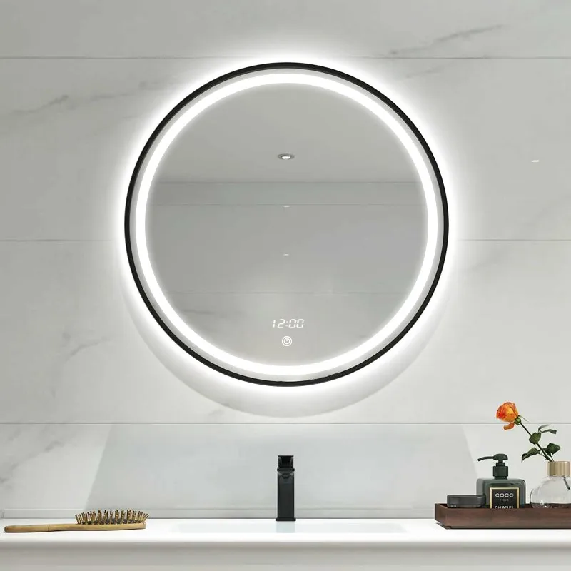 600mm Round LED Bathroom Mirror Black HD mirror 3X waterproof  Time temperature display Brightness adjustable Antifogging Mirror